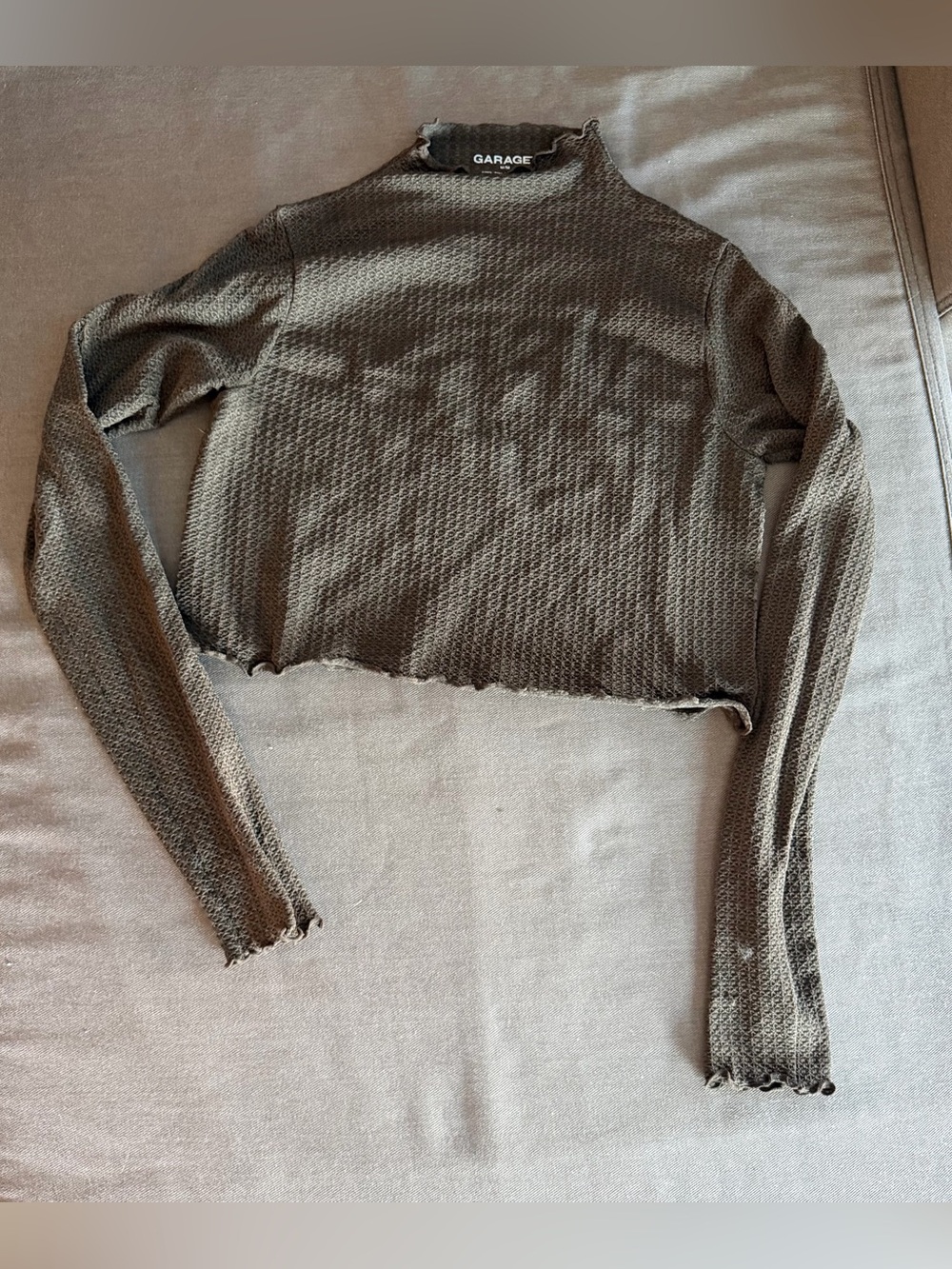 Garage Olive Green Cropped Waffle Long Sleeve Top